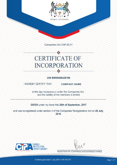 Botswana Certificate of Incorporation